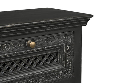 28" Black Solid Wood Square Distressed Carved Floral Two Drawer Nightstand HomeRoots