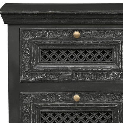 28" Black Solid Wood Square Distressed Carved Floral Two Drawer Nightstand