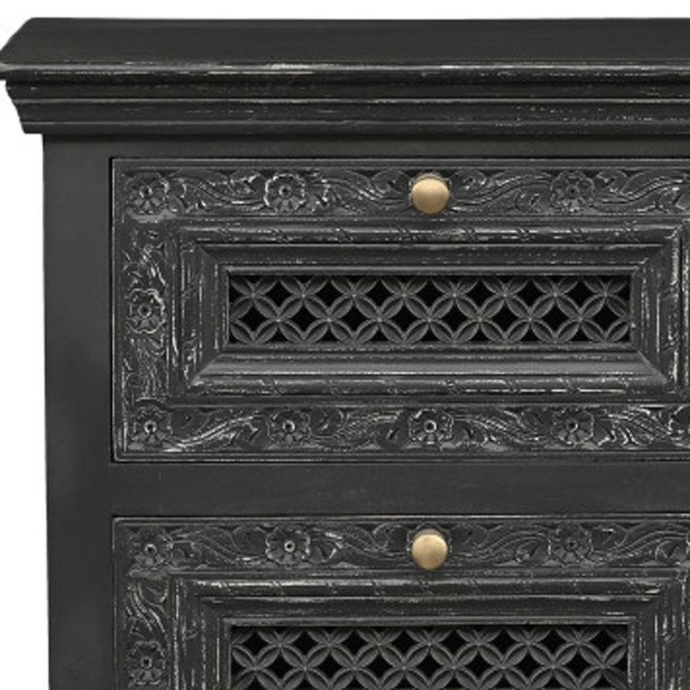 28" Black Solid Wood Square Distressed Carved Floral Two Drawer Nightstand — view 5