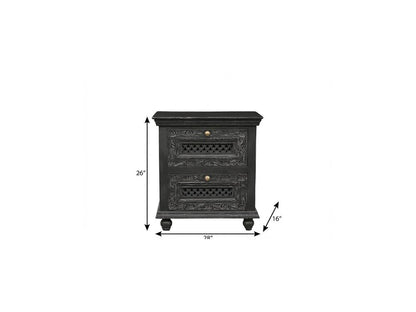 28" Black Solid Wood Square Distressed Carved Floral Two Drawer Nightstand