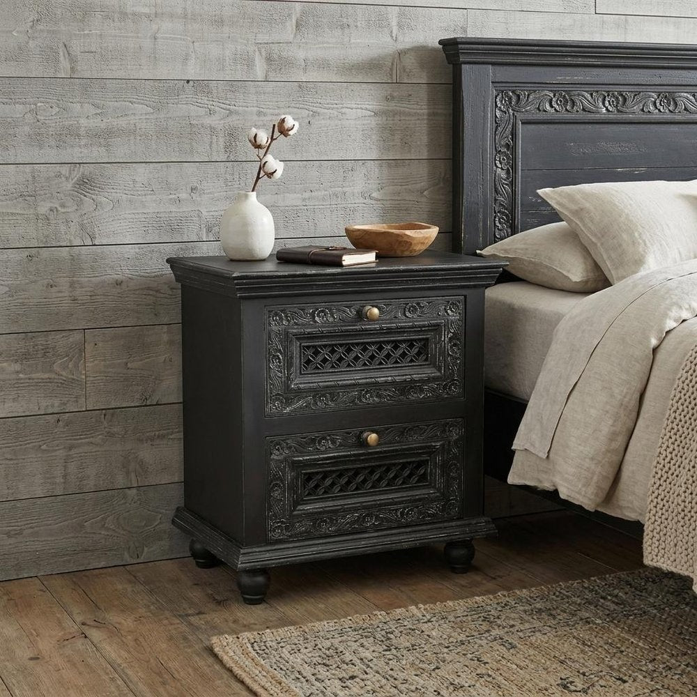 28" Black Solid Wood Square Distressed Carved Floral Two Drawer Nightstand — view 1