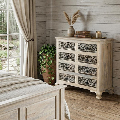 36" Black And White Carved Geometric Solid Wood Eight Drawer Double Dresser HomeRoots