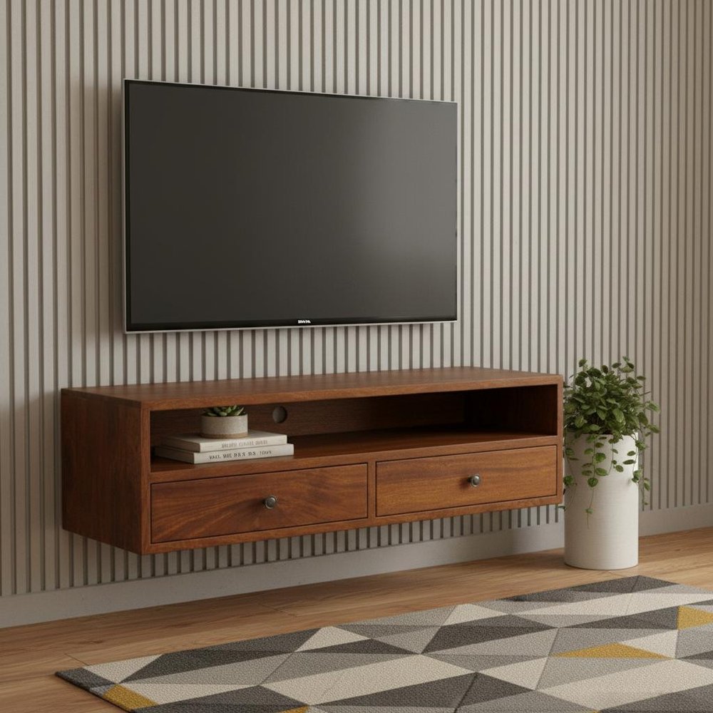 35" Brown Solid Wood Floating Mount TV Stand — view 11