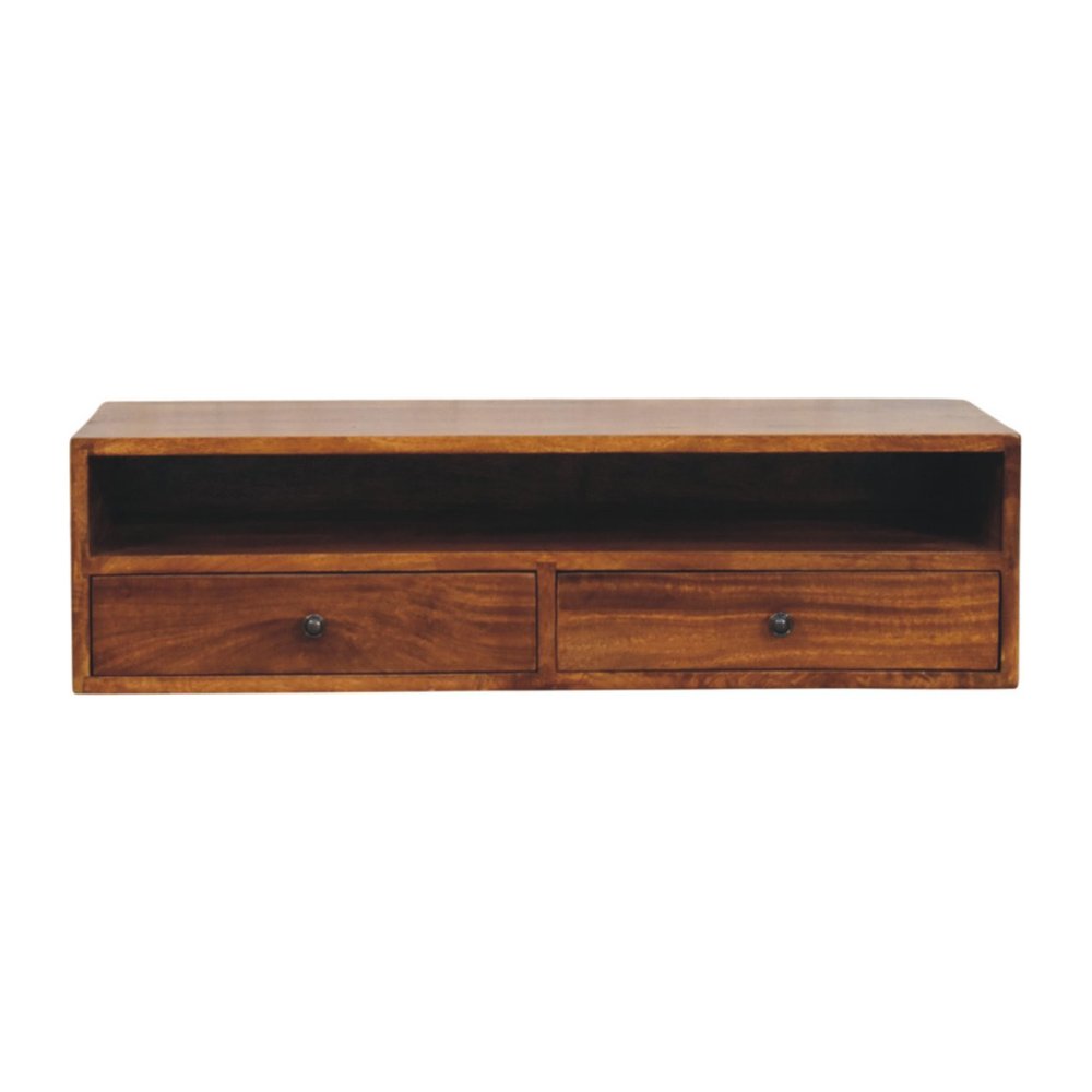35" Brown Solid Wood Floating Mount TV Stand — view 1