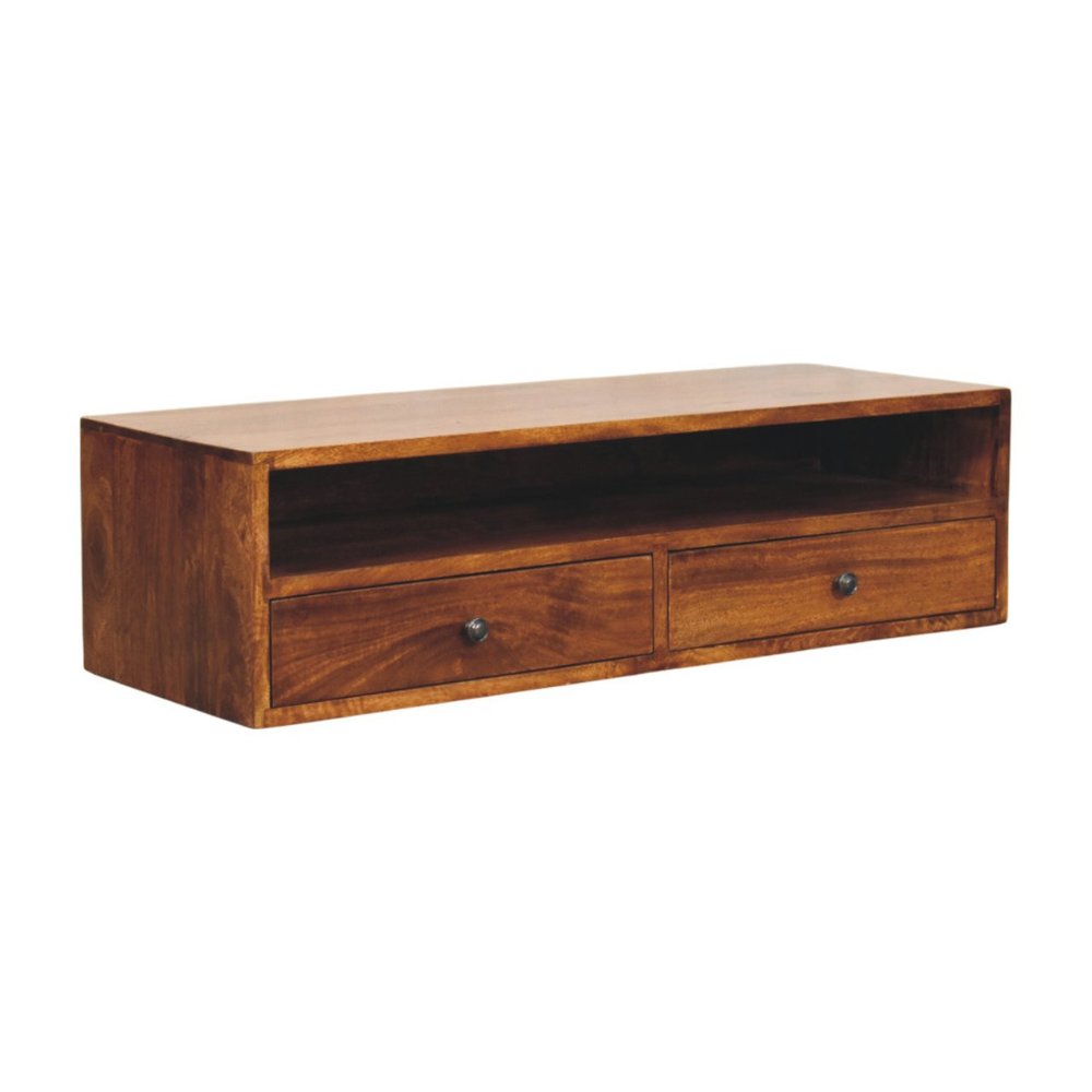 35" Brown Solid Wood Floating Mount TV Stand — view 3