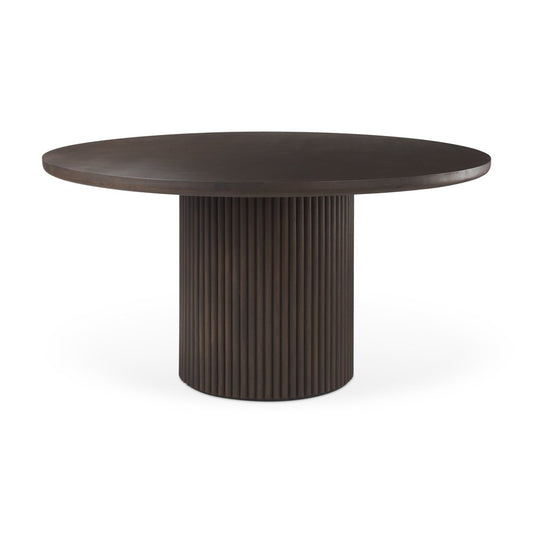 60" Dark Brown Solid Wood Pedestal Base Round Top Dining Table
