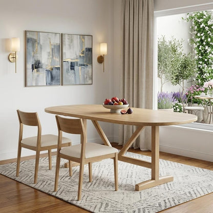 94" Light Brown Solid Wood Trestle Base Oval Dining Table HomeRoots