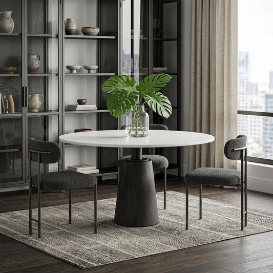 48" White And Black Marble Iron And Solid Wood Pedestal Base Round Top Dining Table HomeRoots