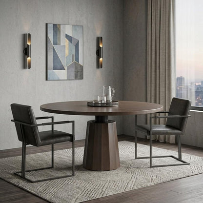 60" Dark Brown And Black Solid Wood And Iron Pedestal Base Round Top Dining Table HomeRoots
