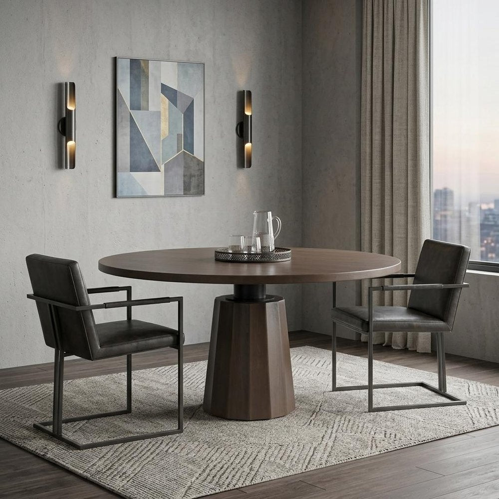 60" Dark Brown And Black Solid Wood And Iron Pedestal Base Round Top Dining Table — view 10