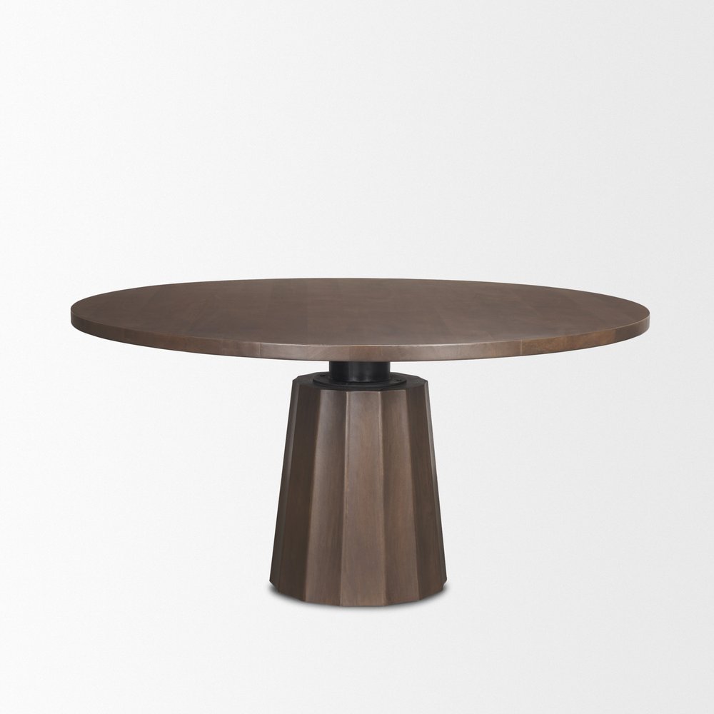 60" Dark Brown And Black Solid Wood And Iron Pedestal Base Round Top Dining Table HomeRoots