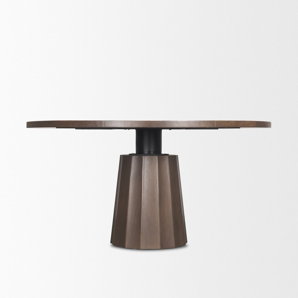 60" Dark Brown And Black Solid Wood And Iron Pedestal Base Round Top Dining Table — view 4