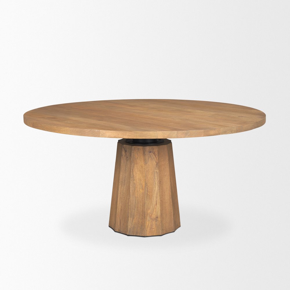 60" Dark Brown And Black Solid Wood And Iron Pedestal Base Round Top Dining Table HomeRoots