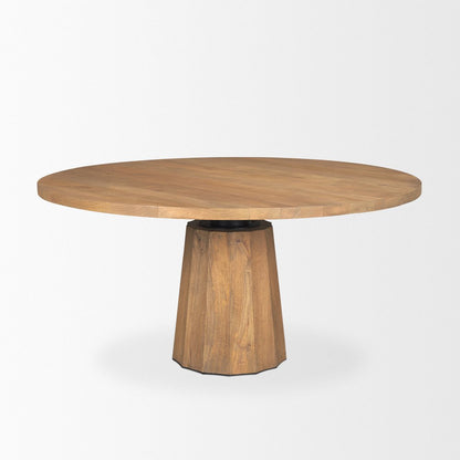 60" Dark Brown And Black Solid Wood And Iron Pedestal Base Round Top Dining Table