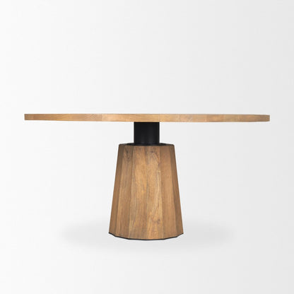 60" Dark Brown And Black Solid Wood And Iron Pedestal Base Round Top Dining Table