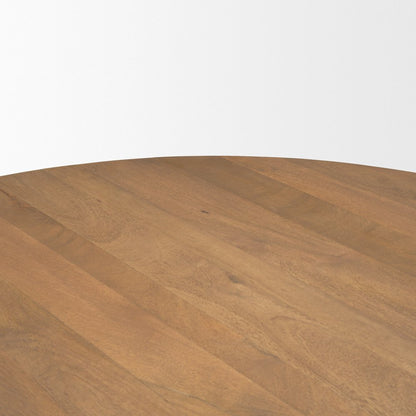 60" Dark Brown And Black Solid Wood And Iron Pedestal Base Round Top Dining Table HomeRoots