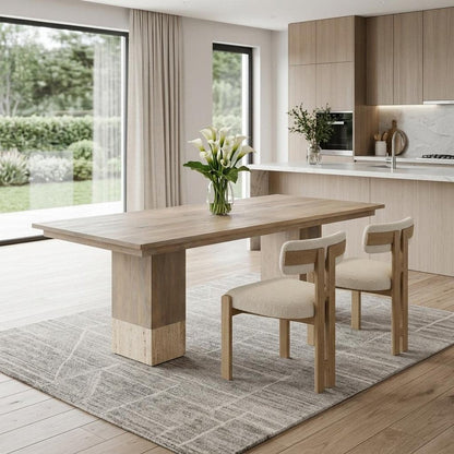 94" Natural And Beige Solid Wood And Marble Double Pedestal Base Dining Table HomeRoots