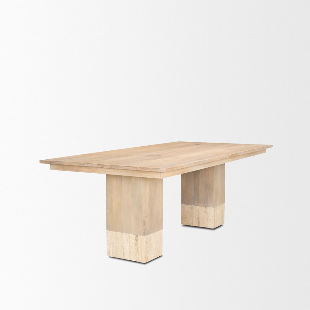 94" Natural And Beige Solid Wood And Marble Double Pedestal Base Dining Table HomeRoots