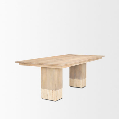 94" Natural And Beige Solid Wood And Marble Double Pedestal Base Dining Table HomeRoots