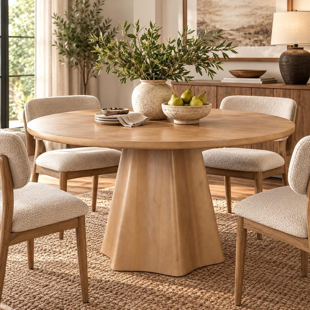 60" Dark Brown Solid Wood Pedestal Base Round Top Dining Table