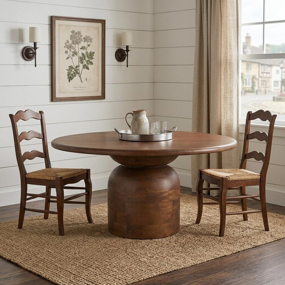 60" Brown Solid Wood Pedestal Base Round Top Dining Table — view 11