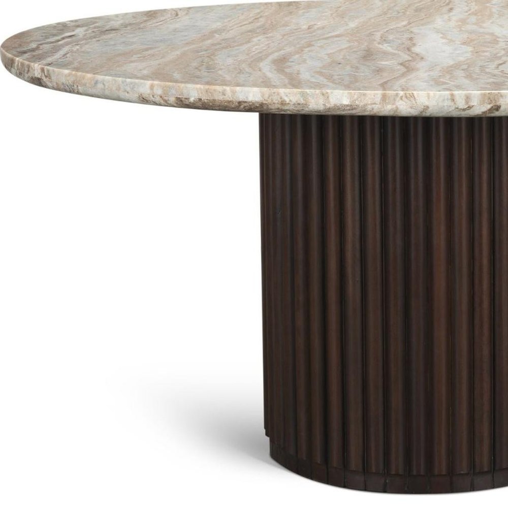 60" Gray Pastel Pink And Espresso Marble And Solid Wood Pedestal Base Round Top Dining Table HomeRoots