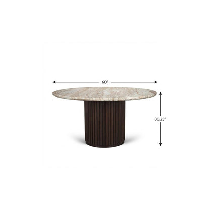 60" Gray Pastel Pink And Espresso Marble And Solid Wood Pedestal Base Round Top Dining Table