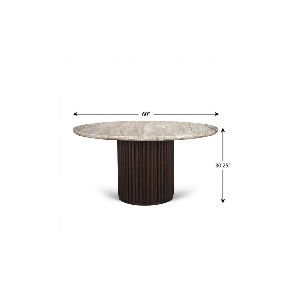 60" Gray Pastel Pink And Espresso Marble And Solid Wood Pedestal Base Round Top Dining Table HomeRoots