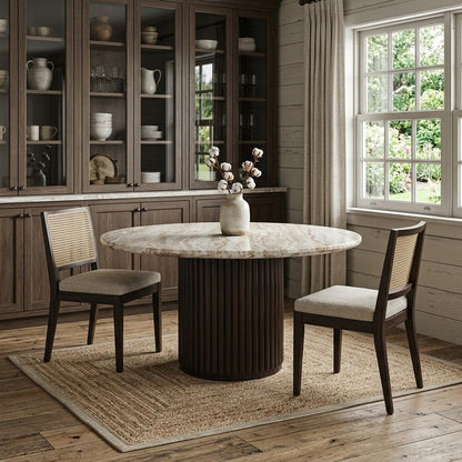 60" Gray Pastel Pink And Espresso Marble And Solid Wood Pedestal Base Round Top Dining Table HomeRoots