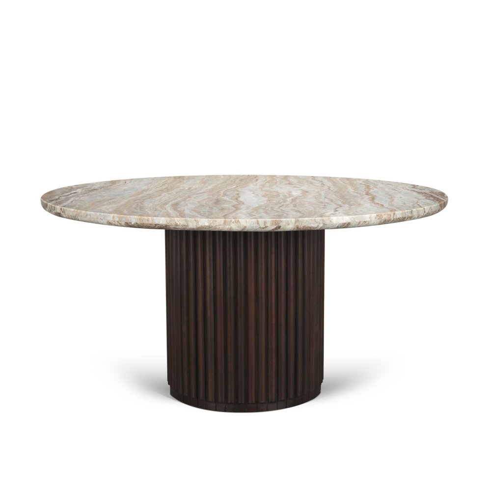 60" Gray Pastel Pink And Espresso Marble And Solid Wood Pedestal Base Round Top Dining Table — view 1