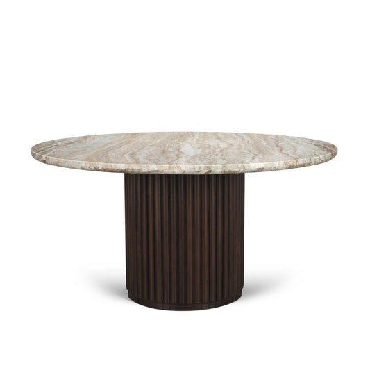 60" Gray Pastel Pink And Espresso Marble And Solid Wood Pedestal Base Round Top Dining Table