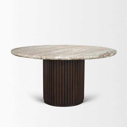 60" Gray Pastel Pink And Espresso Marble And Solid Wood Pedestal Base Round Top Dining Table