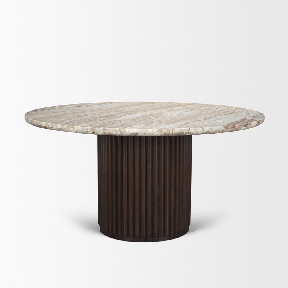 60" Gray Pastel Pink And Espresso Marble And Solid Wood Pedestal Base Round Top Dining Table HomeRoots