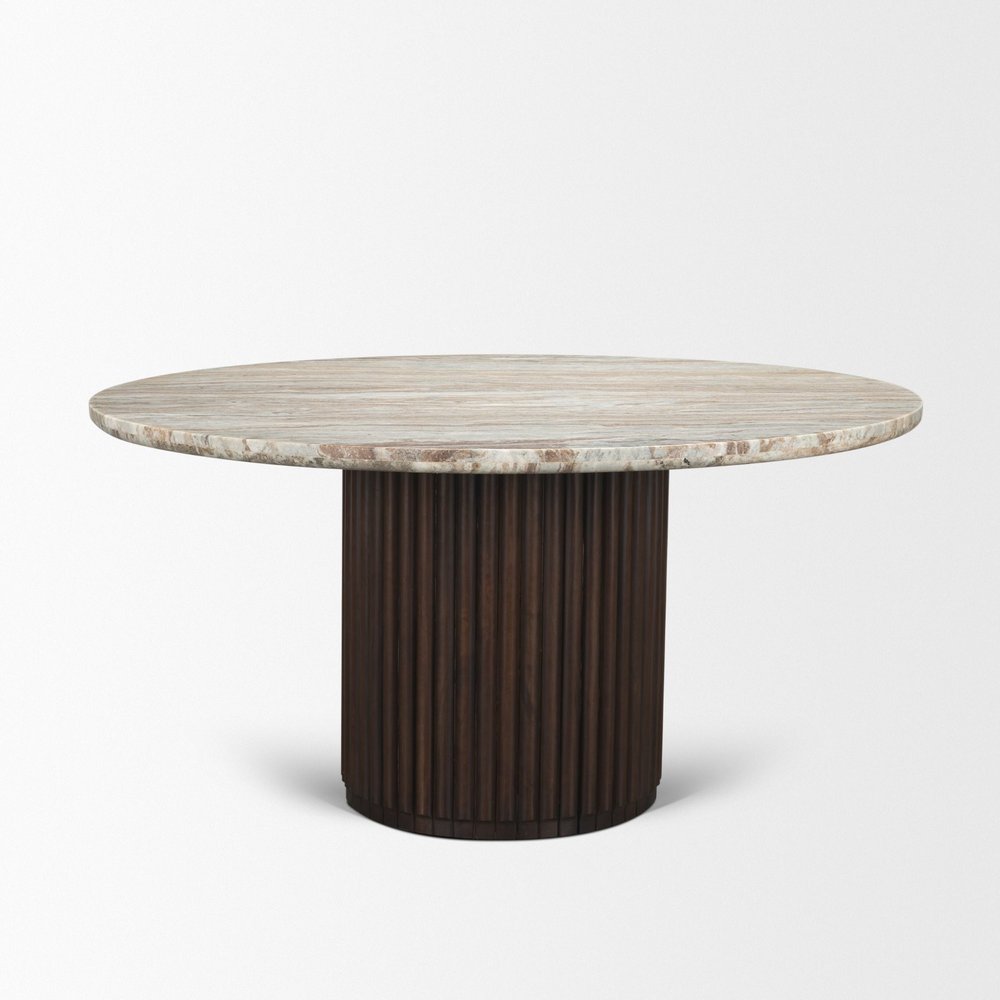 60" Gray Pastel Pink And Espresso Marble And Solid Wood Pedestal Base Round Top Dining Table — view 3