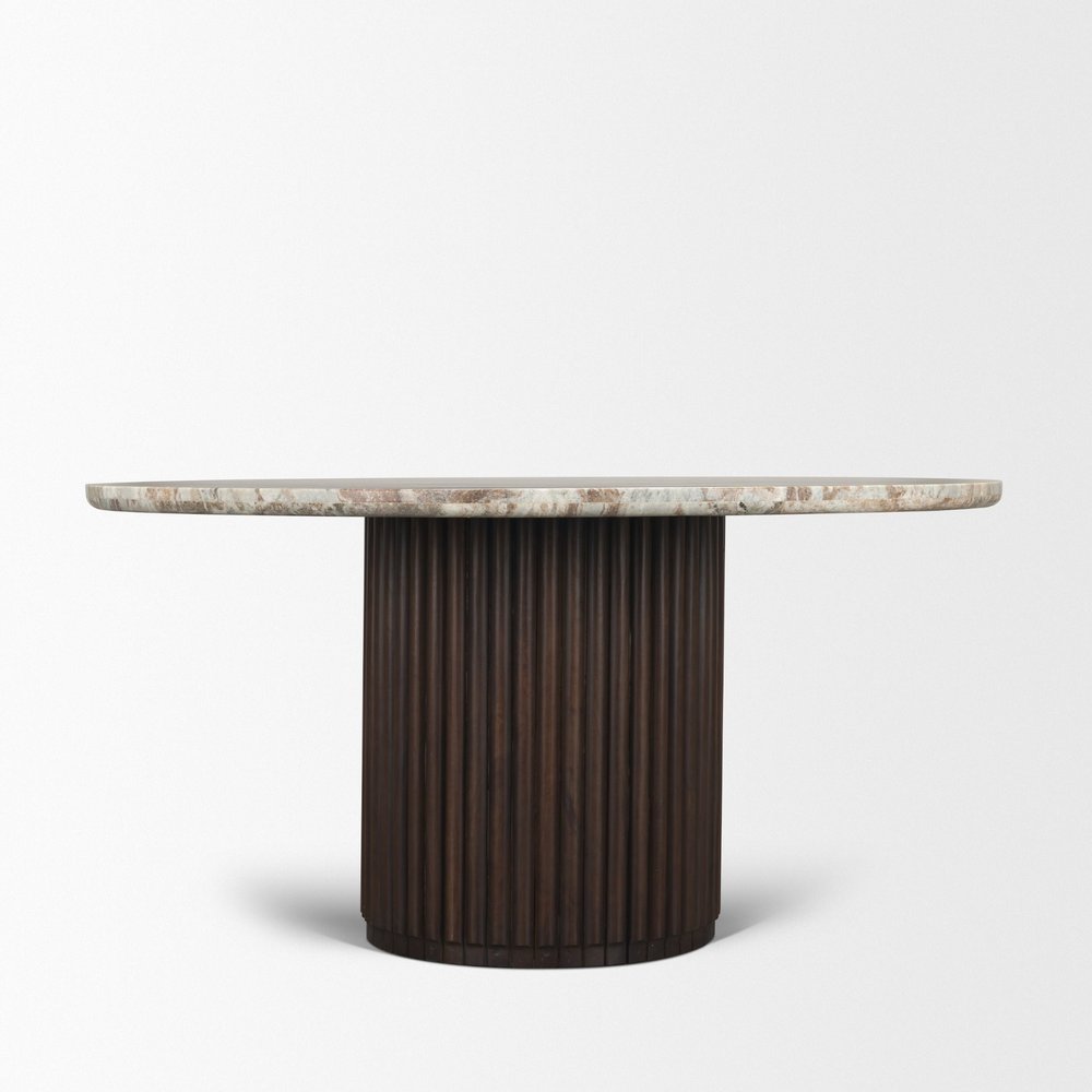 60" Gray Pastel Pink And Espresso Marble And Solid Wood Pedestal Base Round Top Dining Table — view 4