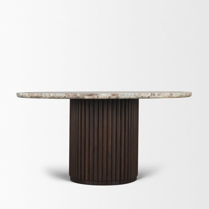60" Gray Pastel Pink And Espresso Marble And Solid Wood Pedestal Base Round Top Dining Table HomeRoots