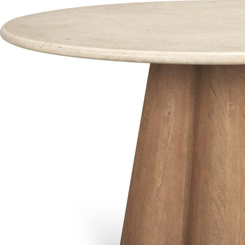 48" Beige And Light Brown Marble And Solid Wood Pedestal Base Round Top Dining Table HomeRoots