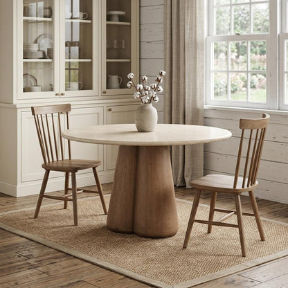 48" Beige And Light Brown Marble And Solid Wood Pedestal Base Round Top Dining Table