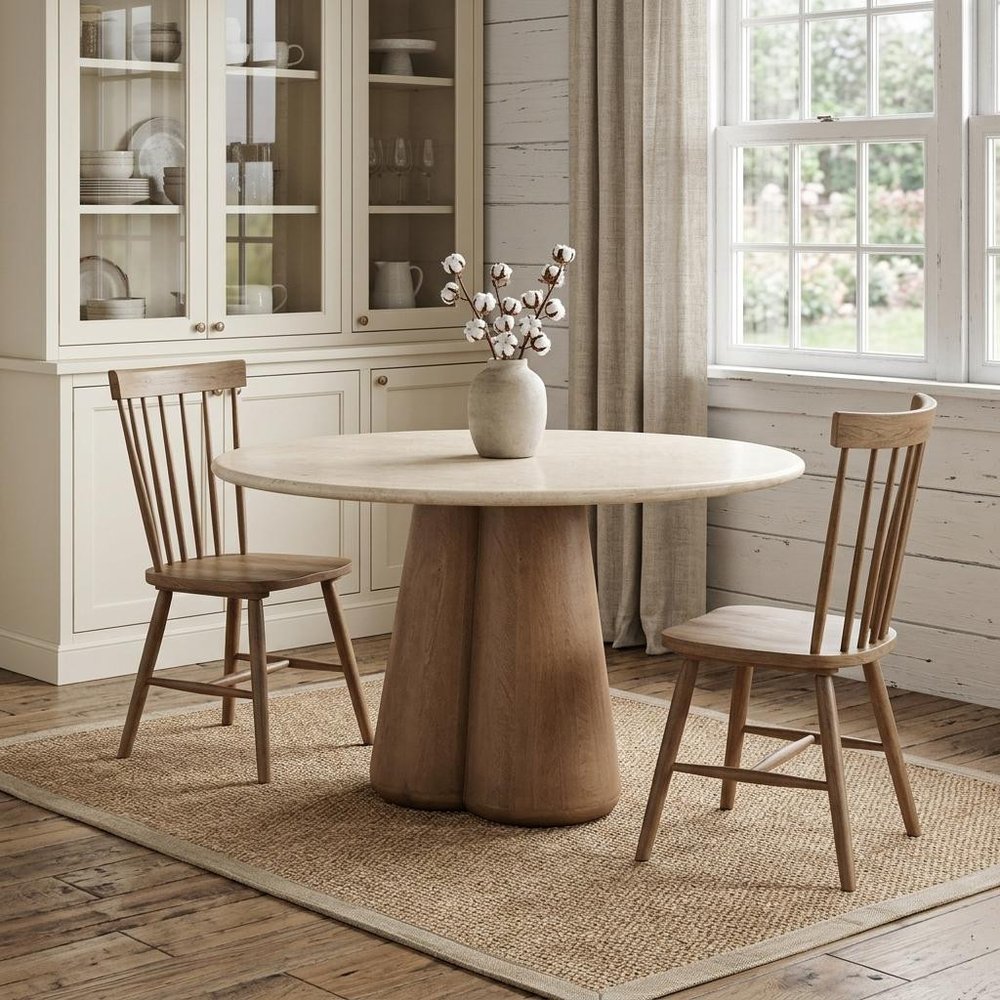 48" Beige And Light Brown Marble And Solid Wood Pedestal Base Round Top Dining Table HomeRoots
