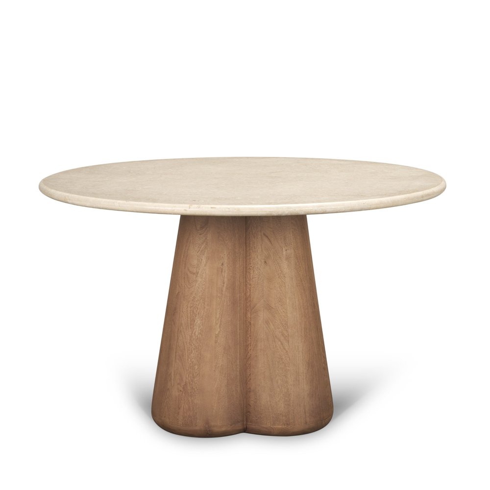 48" Beige And Light Brown Marble And Solid Wood Pedestal Base Round Top Dining Table — view 2