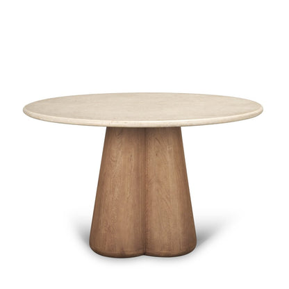 48" Beige And Light Brown Marble And Solid Wood Pedestal Base Round Top Dining Table