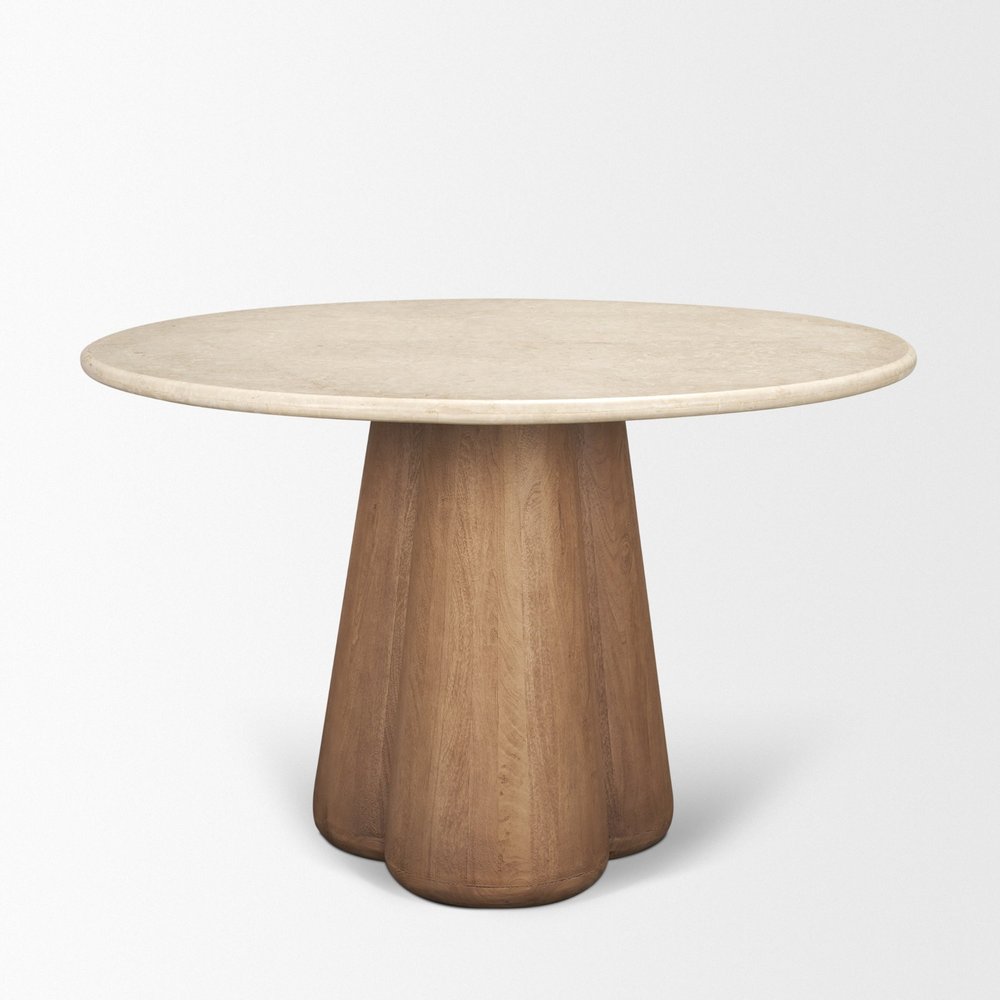 48" Beige And Light Brown Marble And Solid Wood Pedestal Base Round Top Dining Table — view 3