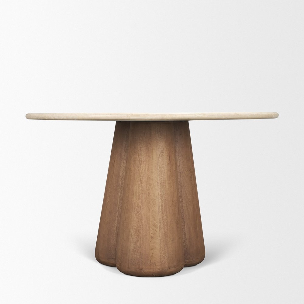 48" Beige And Light Brown Marble And Solid Wood Pedestal Base Round Top Dining Table HomeRoots