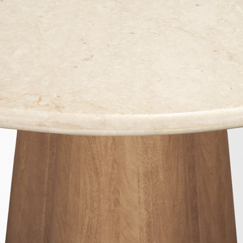 48" Beige And Light Brown Marble And Solid Wood Pedestal Base Round Top Dining Table — view 6
