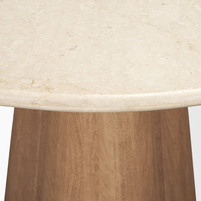 48" Beige And Light Brown Marble And Solid Wood Pedestal Base Round Top Dining Table HomeRoots