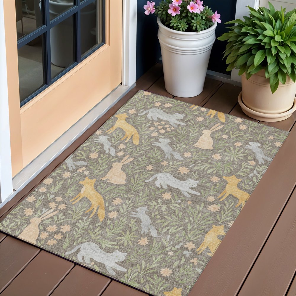 3' X 5' Taupe And Green Forest Animals And Botanical Leaves Washable Area Rug HomeRoots