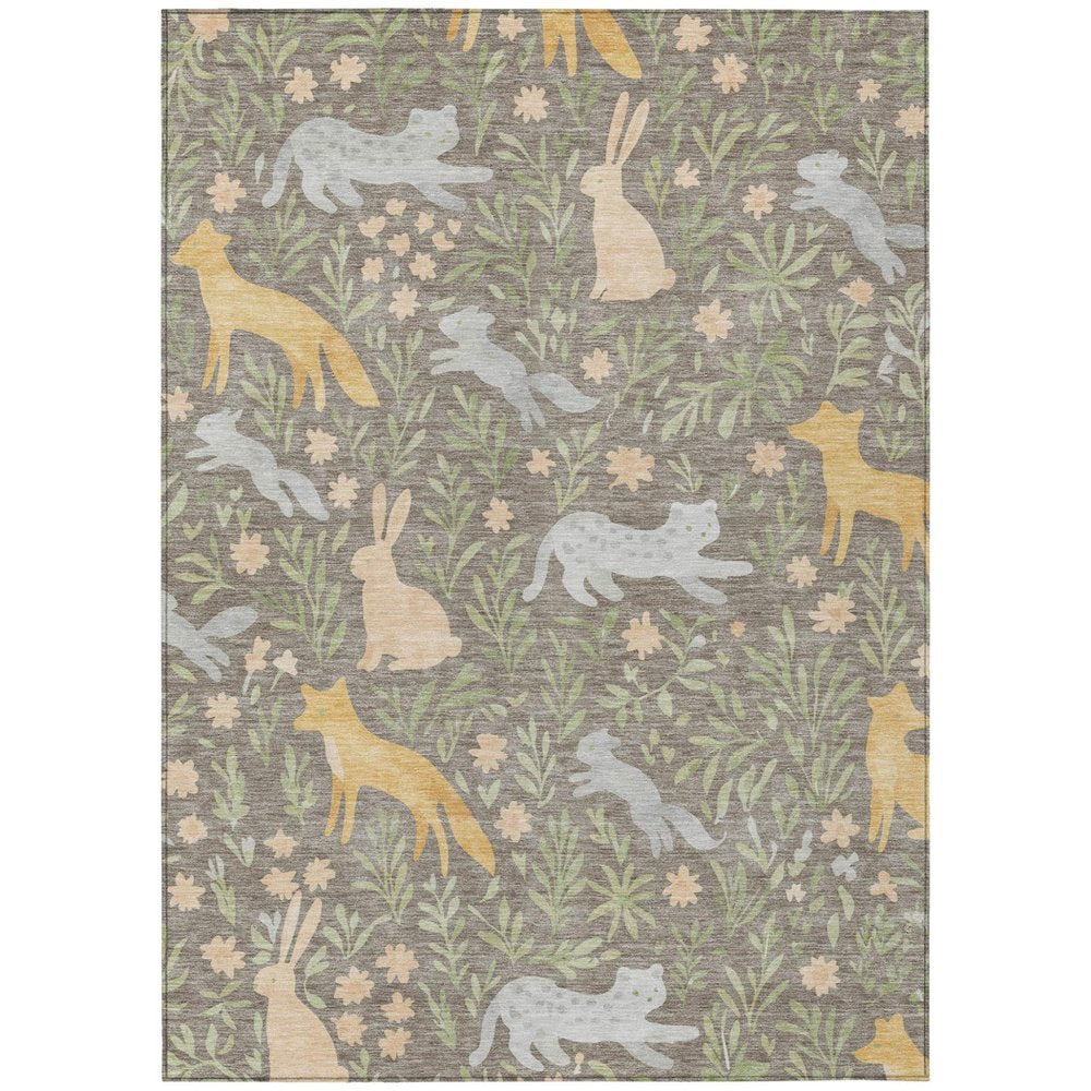 3' X 5' Taupe And Green Forest Animals And Botanical Leaves Washable Area Rug HomeRoots