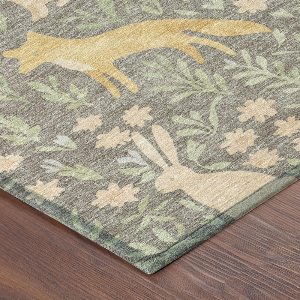 3' X 5' Taupe And Green Forest Animals And Botanical Leaves Washable Area Rug HomeRoots