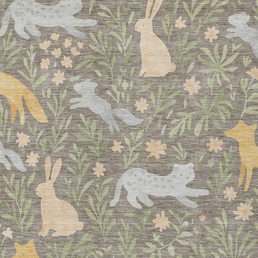 3' X 5' Taupe And Green Forest Animals And Botanical Leaves Washable Area Rug HomeRoots