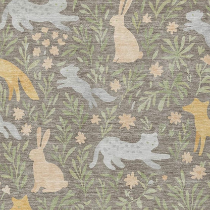 3' X 5' Taupe And Green Forest Animals And Botanical Leaves Washable Area Rug HomeRoots